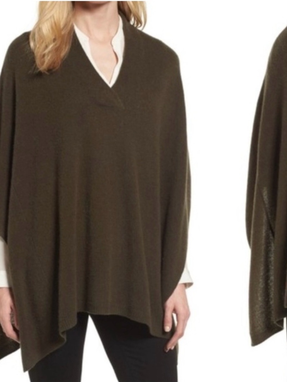 Halogen 100% Cashmere Dark Olive V-Neck Poncho Ruana Sweater One Size Lagenlook